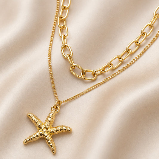 Gold plated layered necklace with open-link and fine-link chains