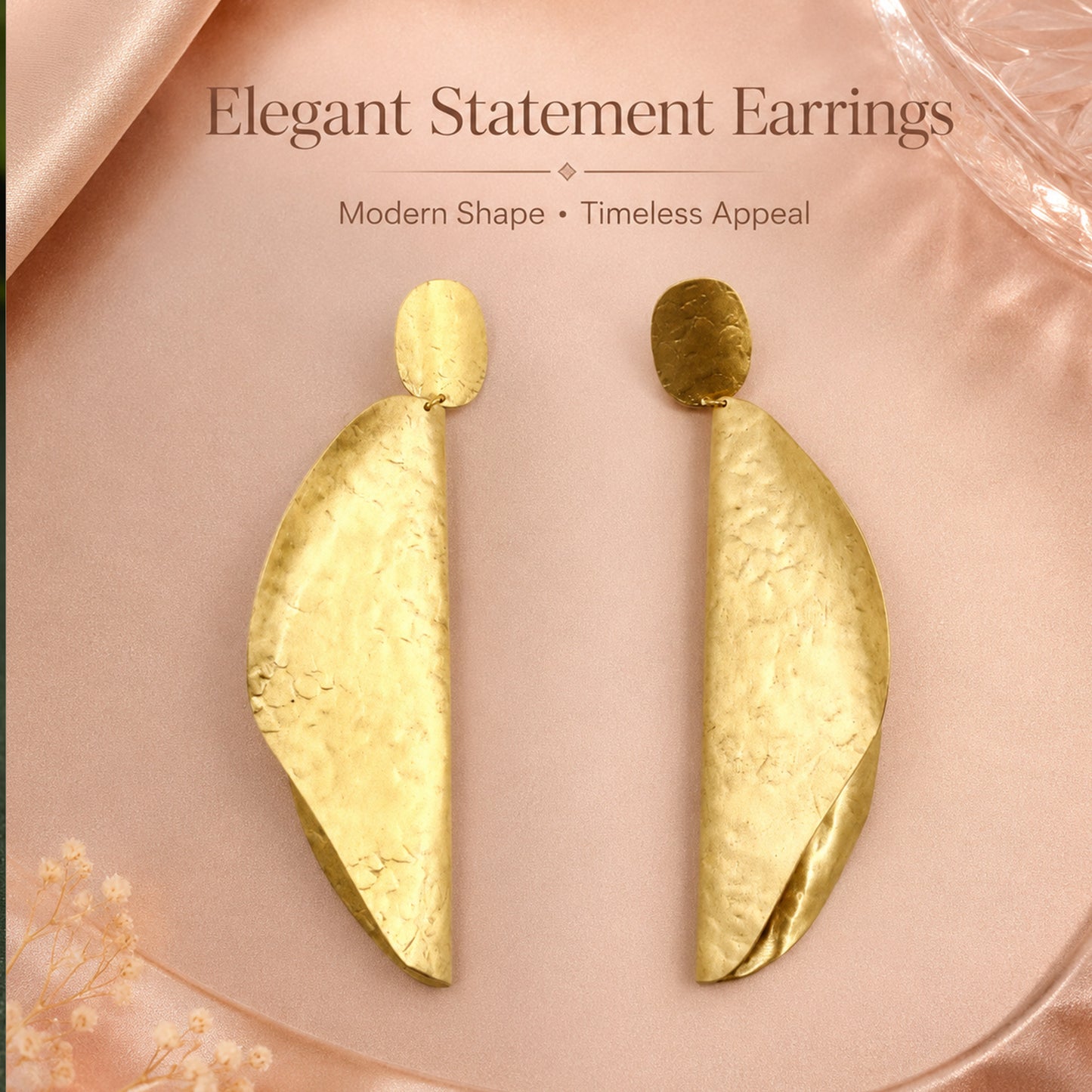 Brass Sculpted Folded Leaf Long Drop Earrings