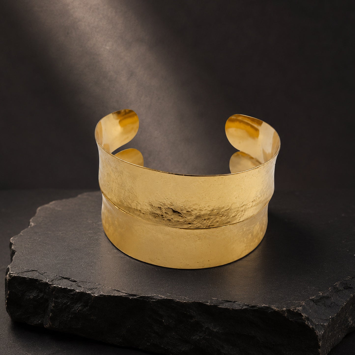Gold Wide Hammered Open Cuff Bracelet