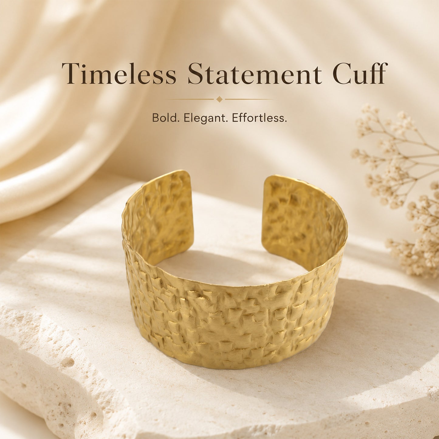 Brass Hammered Floral Texture Wide Open Cuff Bracelet
