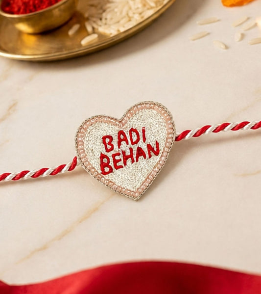 Badi Behan heart rakhi on white background