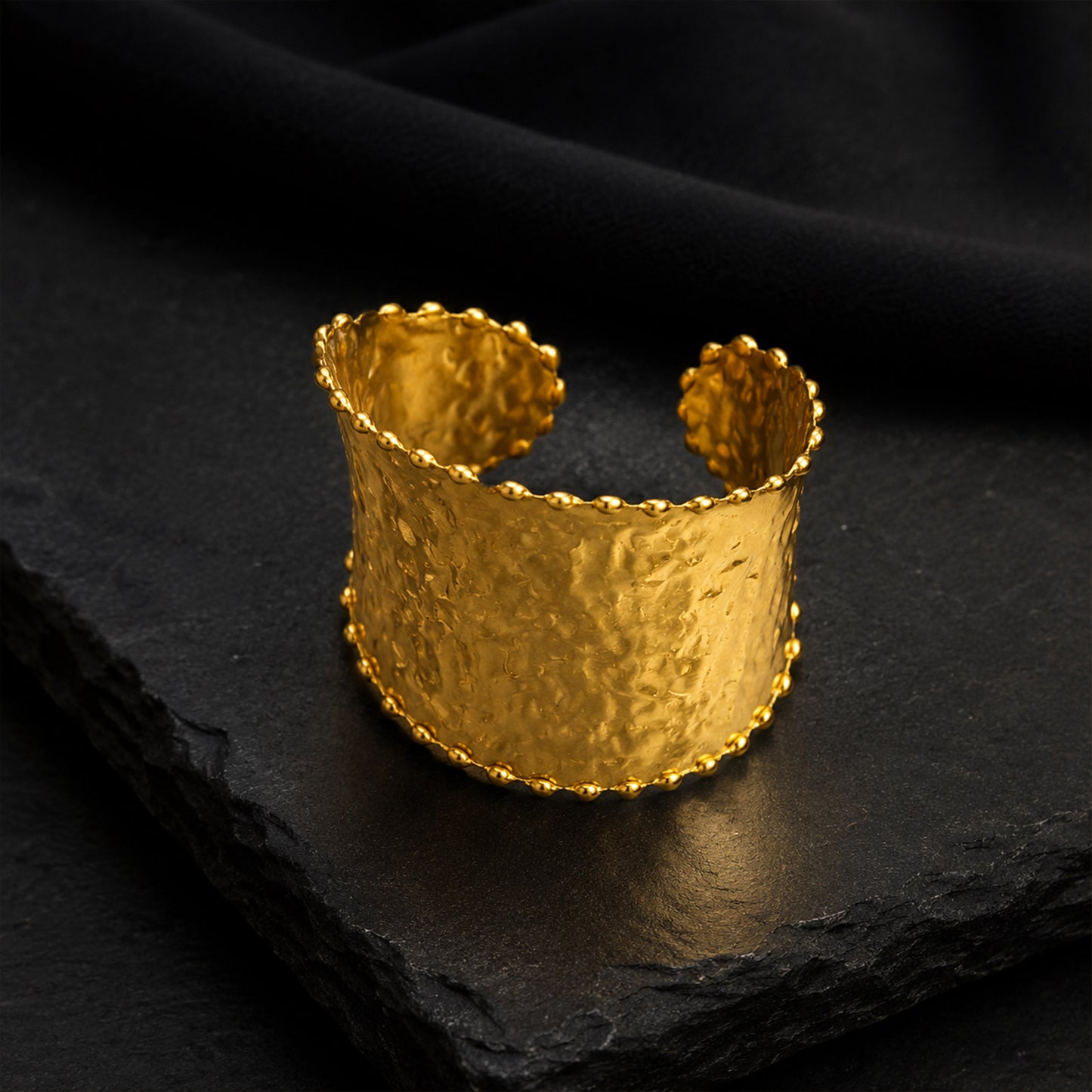Brass Hammered Beaded Border Wide Open Cuff Bracelet