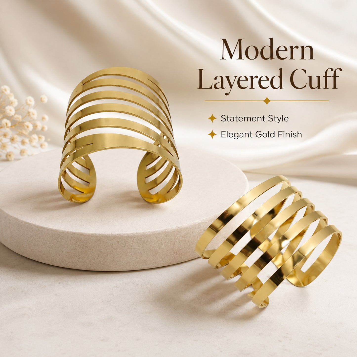Layered Wave Multi Band Wide Open Cuff Bracelet