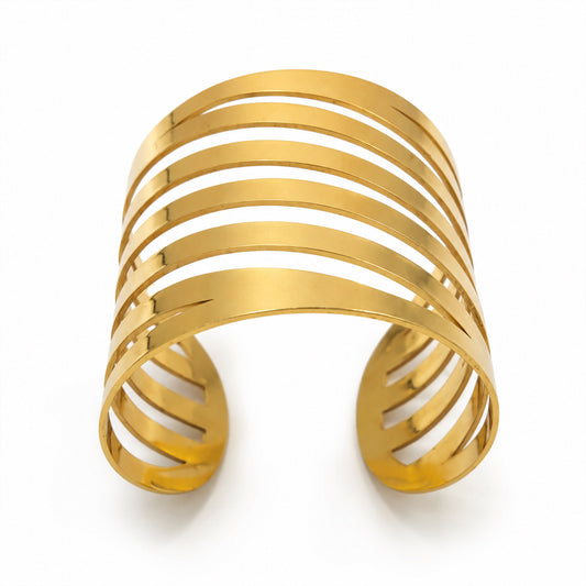 Layered Wave Multi Band Wide Open Cuff Bracelet