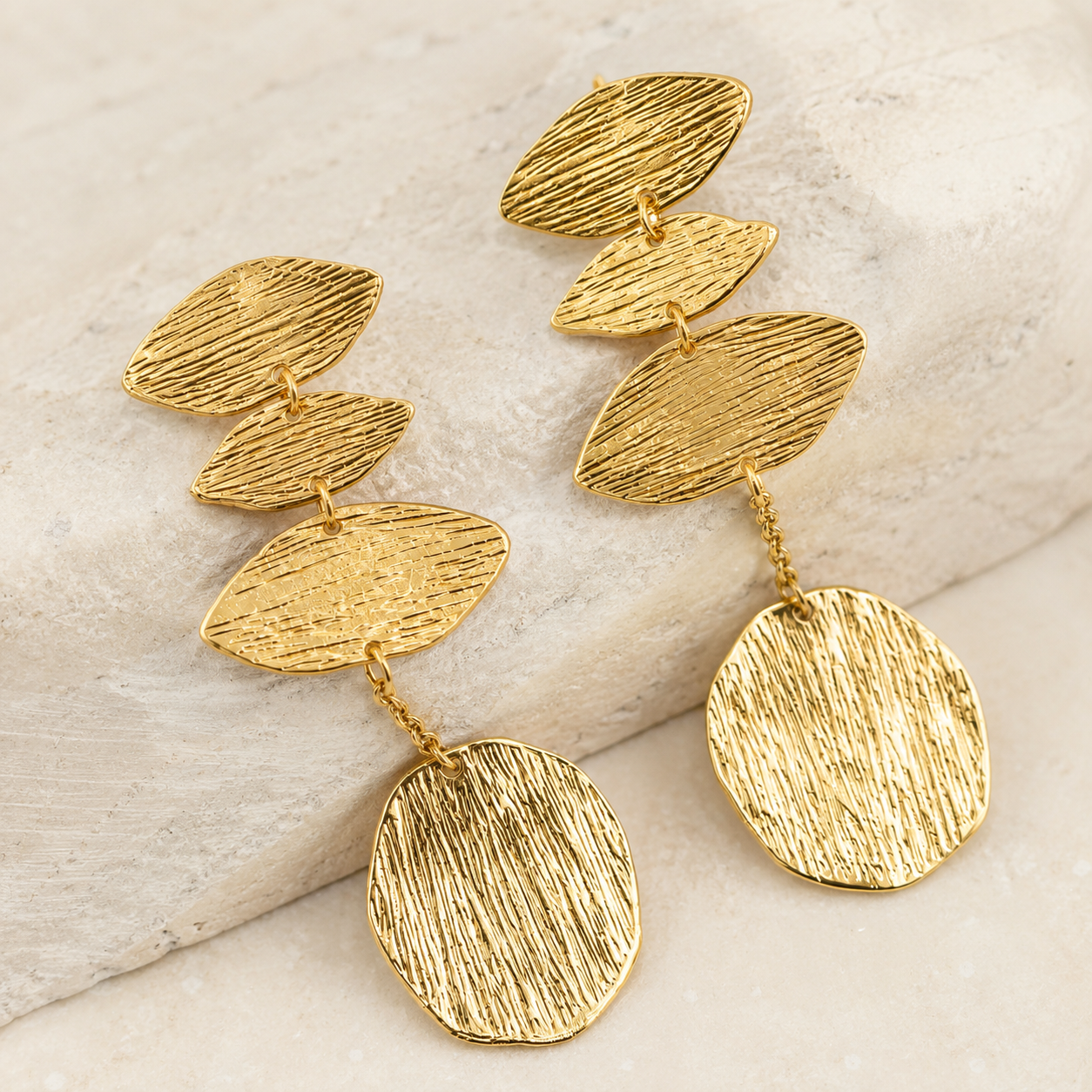Gold Textured Leaf Chain Drop Earrings