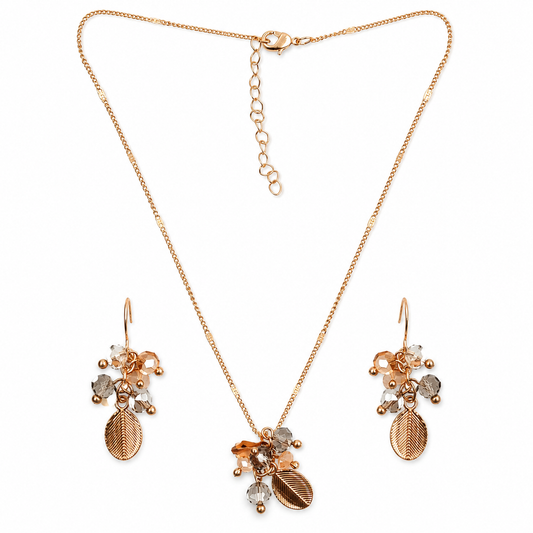 Rose Gold Leaf Beaded Jewellery Set with Necklace and Earrings