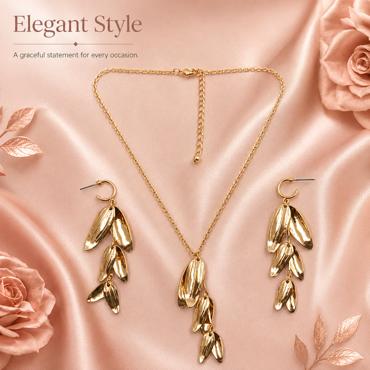 Gold Leaf Drop Jewellery Set with Necklace and Earrings
