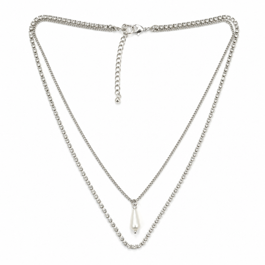 Gold Layered Pearl Drop Necklace with Stones