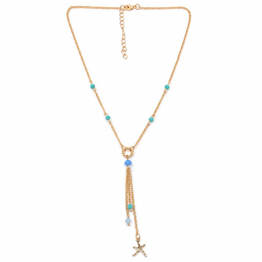 Alloy Gold Starfish Lariat Necklace with Blue Beads