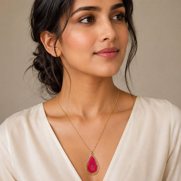 Alloy Gold Pink Thread Teardrop Pendant Necklace
