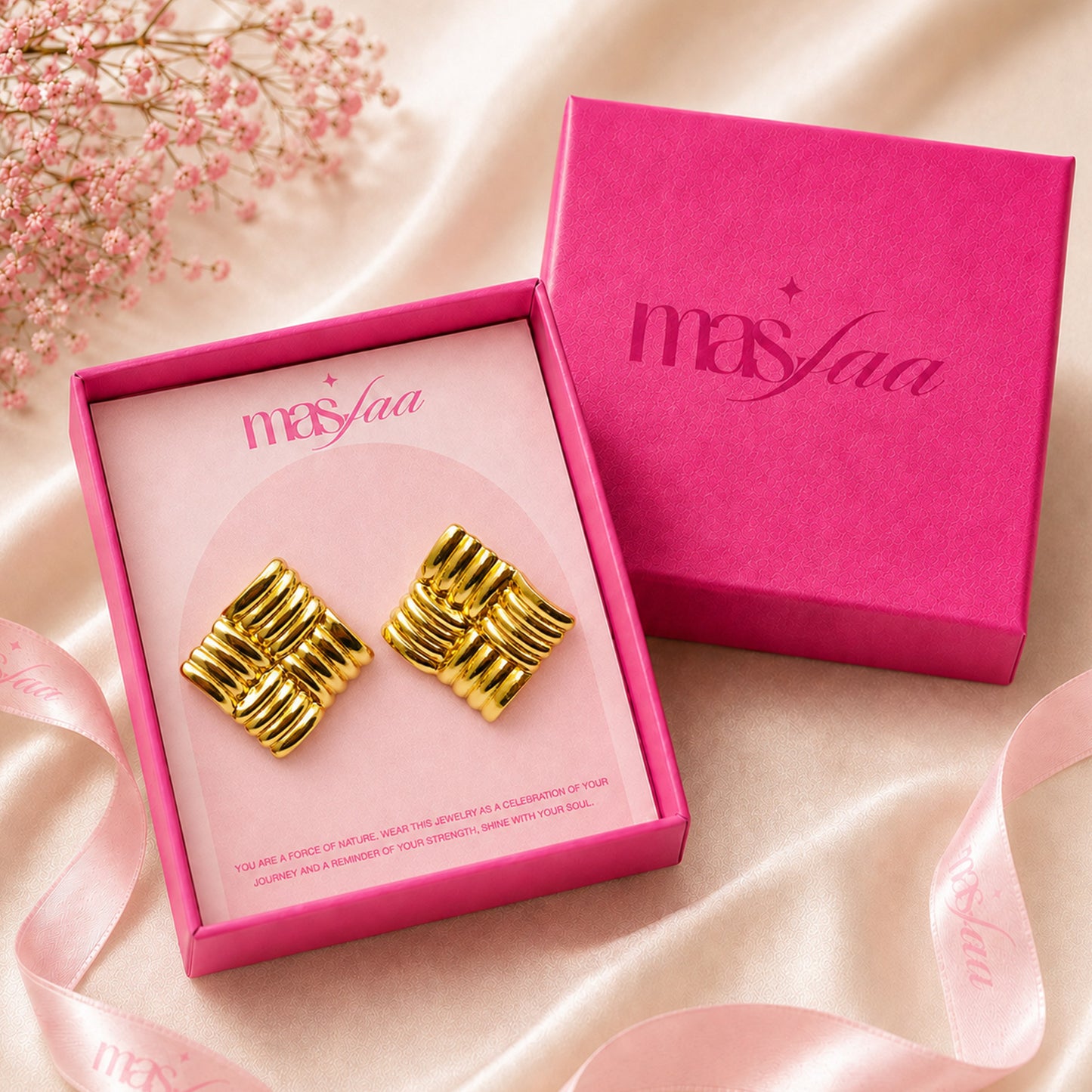 Close-up view of gold ribbed knot earrings with polished finish with box