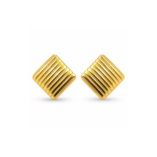 Gold ribbed square stud earrings pair with polished finish on white background
