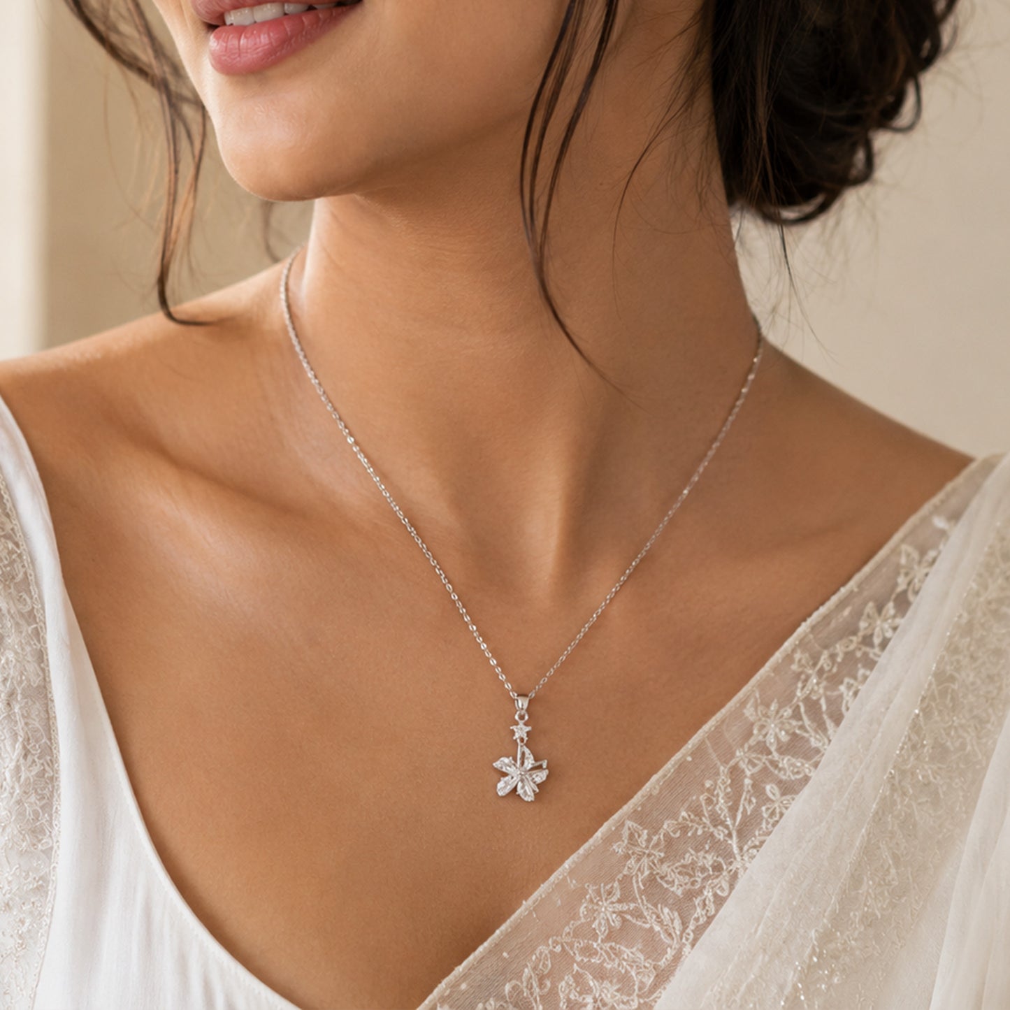 Silver Crystal Flower Pendant Necklace