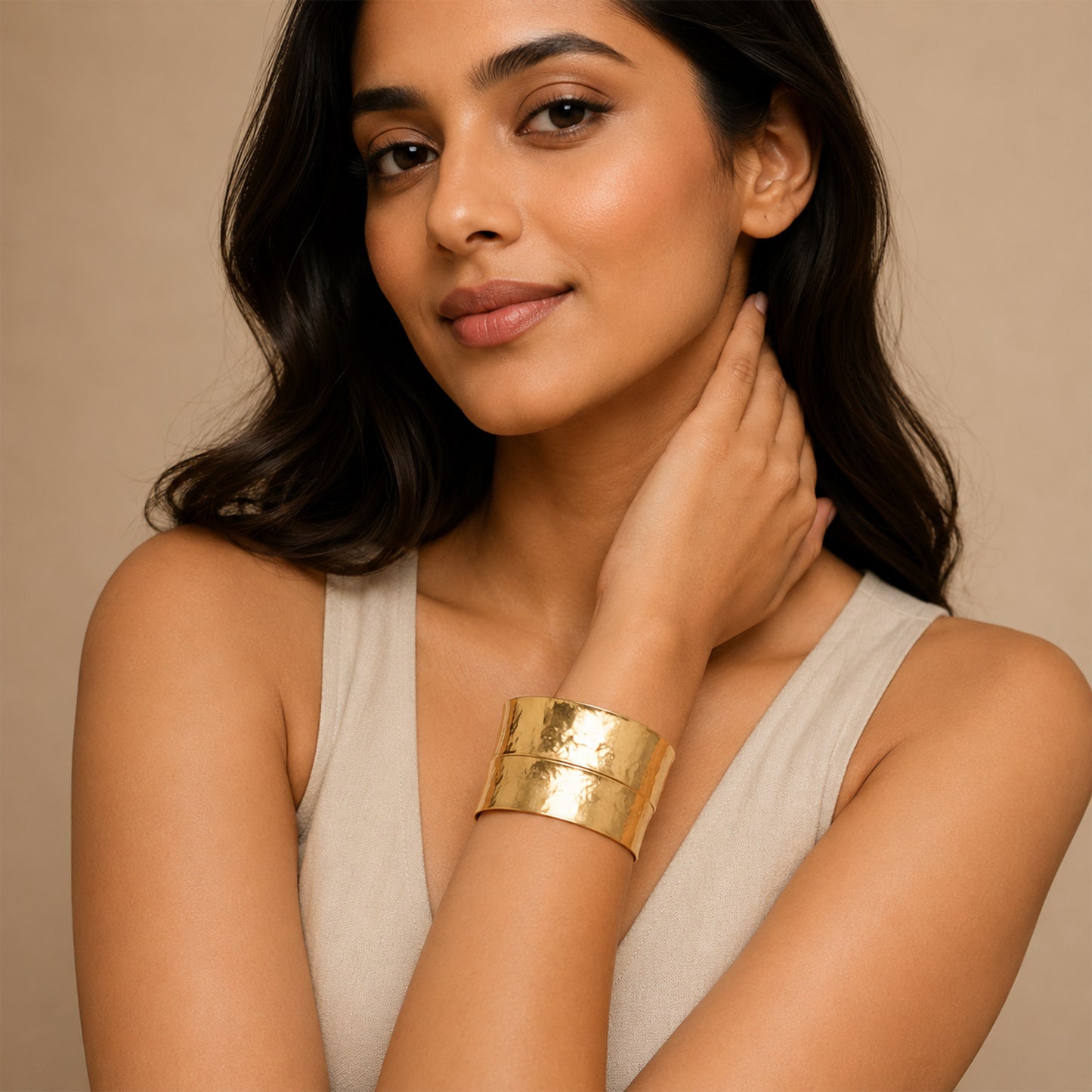 Gold Wide Hammered Open Cuff Bracelet