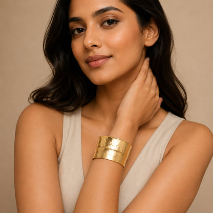 Gold Wide Hammered Open Cuff Bracelet