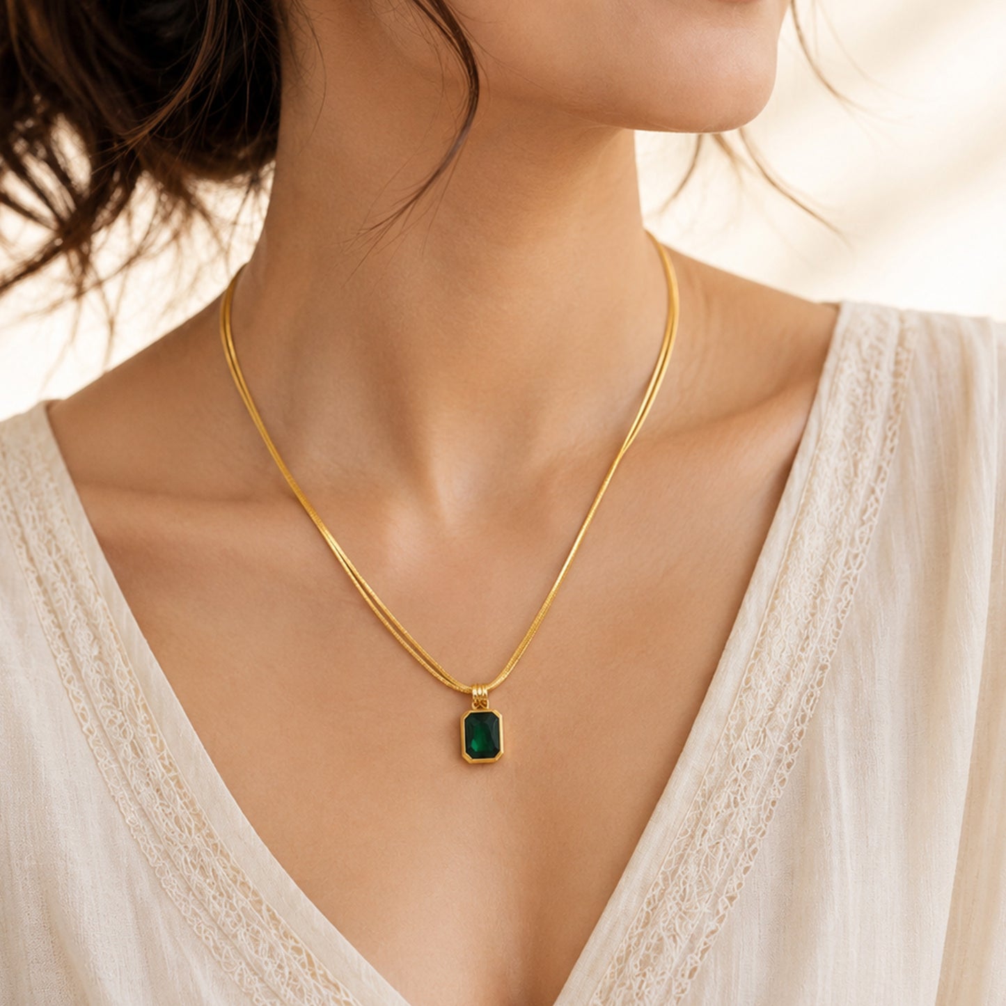Gold Green Stone Rectangle Pendant Necklace