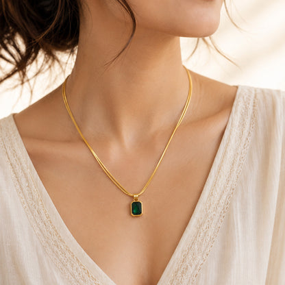 Gold Green Stone Rectangle Pendant Necklace