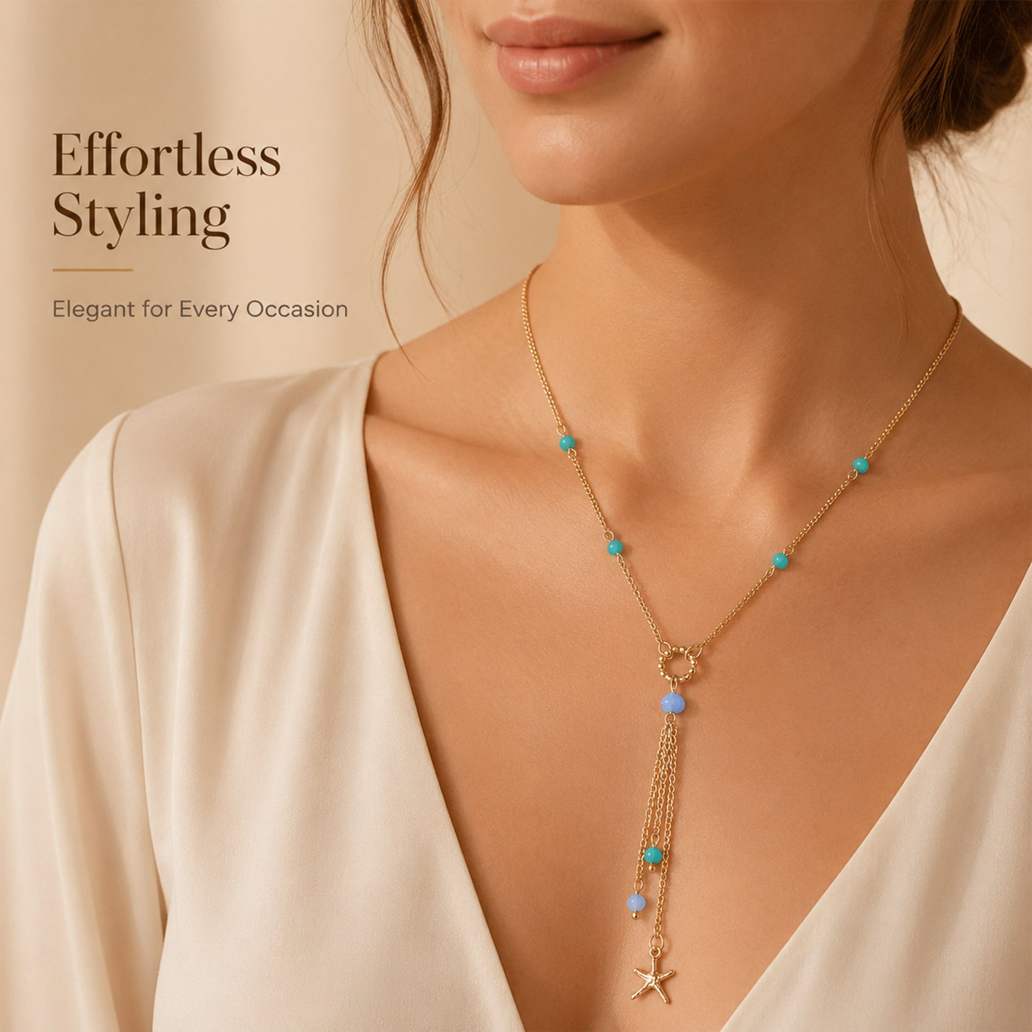Close-up view of gold tassel necklace with turquoise beads