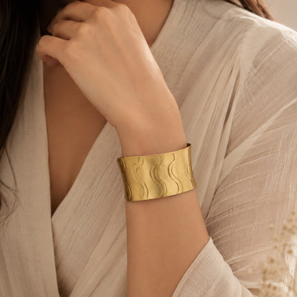 Gold Wavy Texture Open Cuff Bracelet