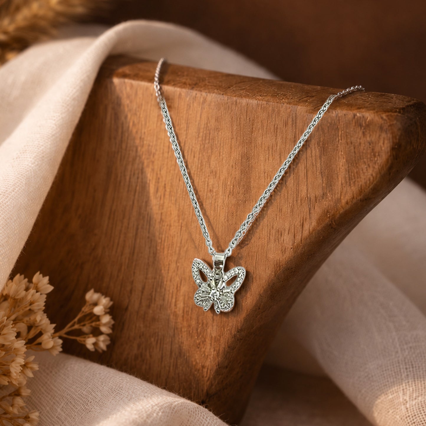 Silver Crystal Butterfly Pendant Necklace