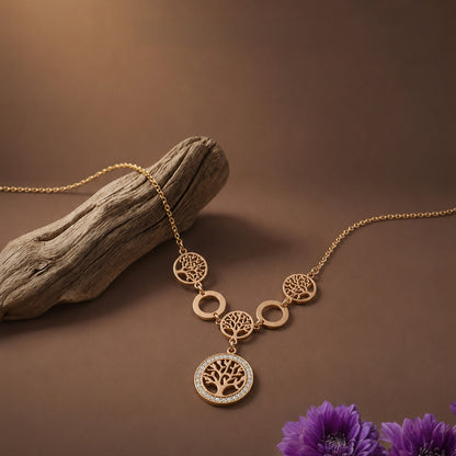 Rose Gold Crystal Tree of Life Pendant Necklace
