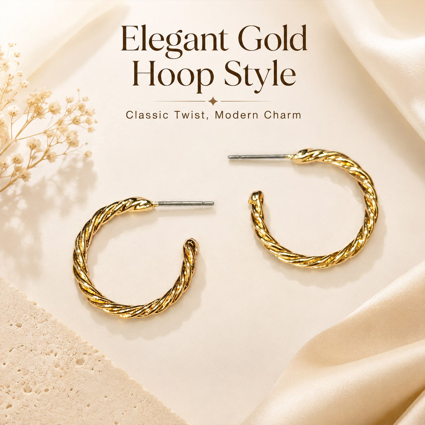 Gold plated open hoop earrings with twisted detailing