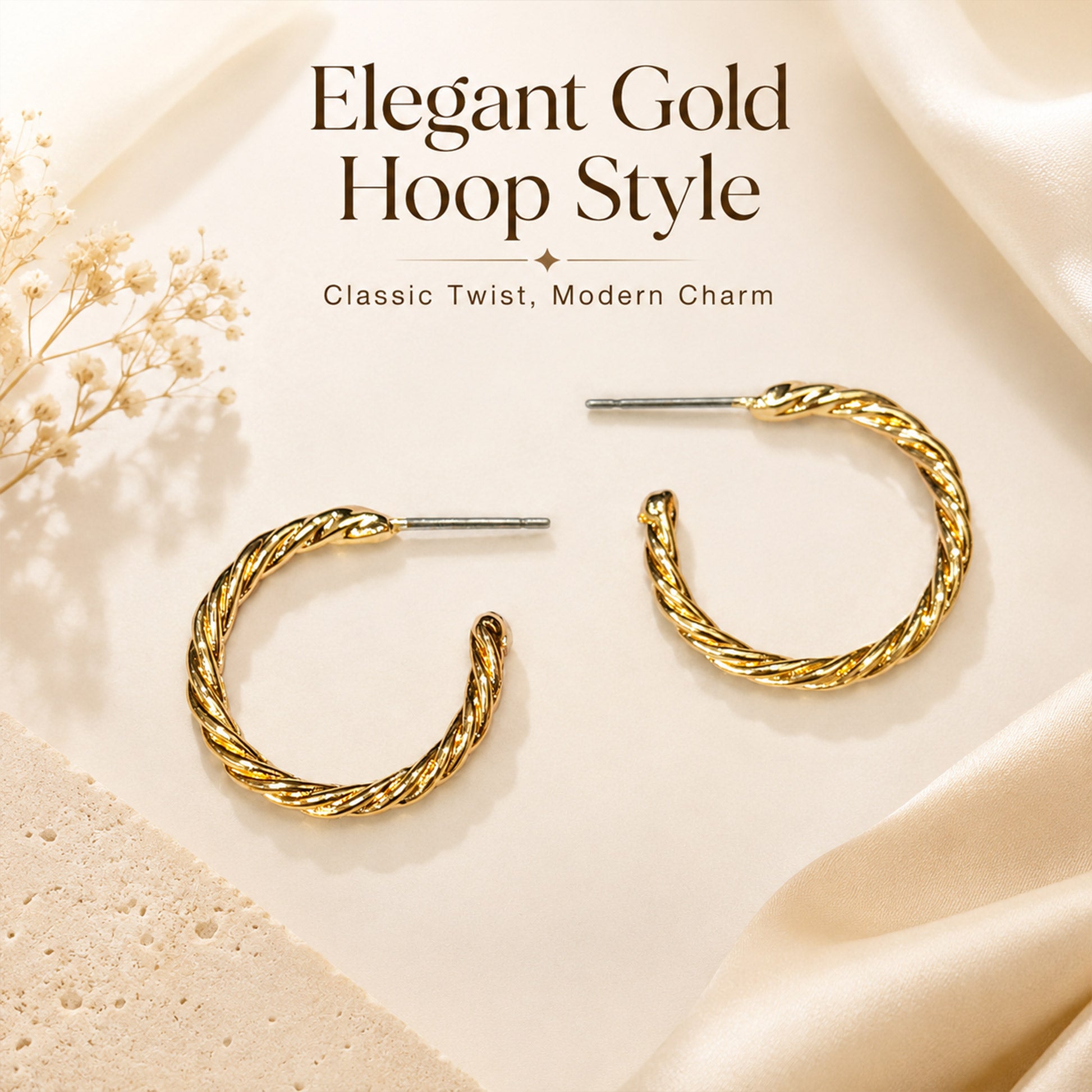Gold plated open hoop earrings with twisted detailing
