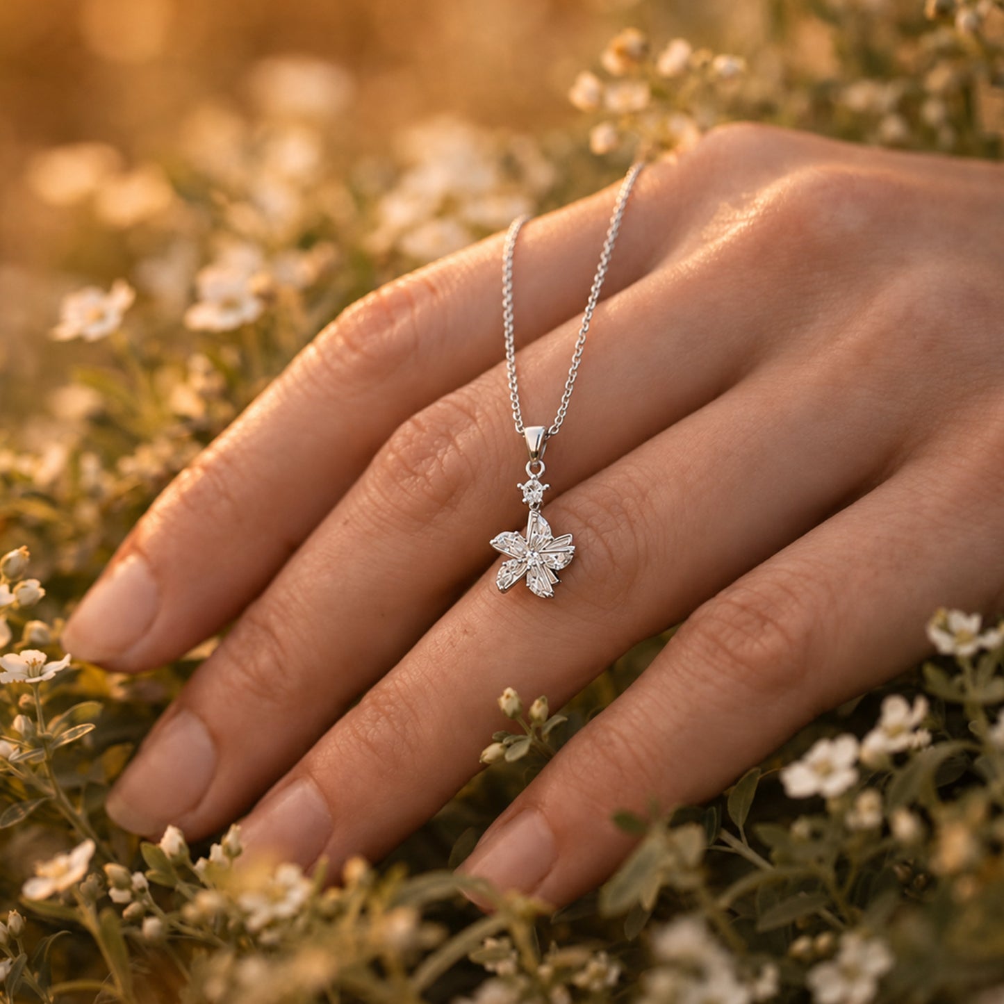 Silver Crystal Flower Pendant Necklace