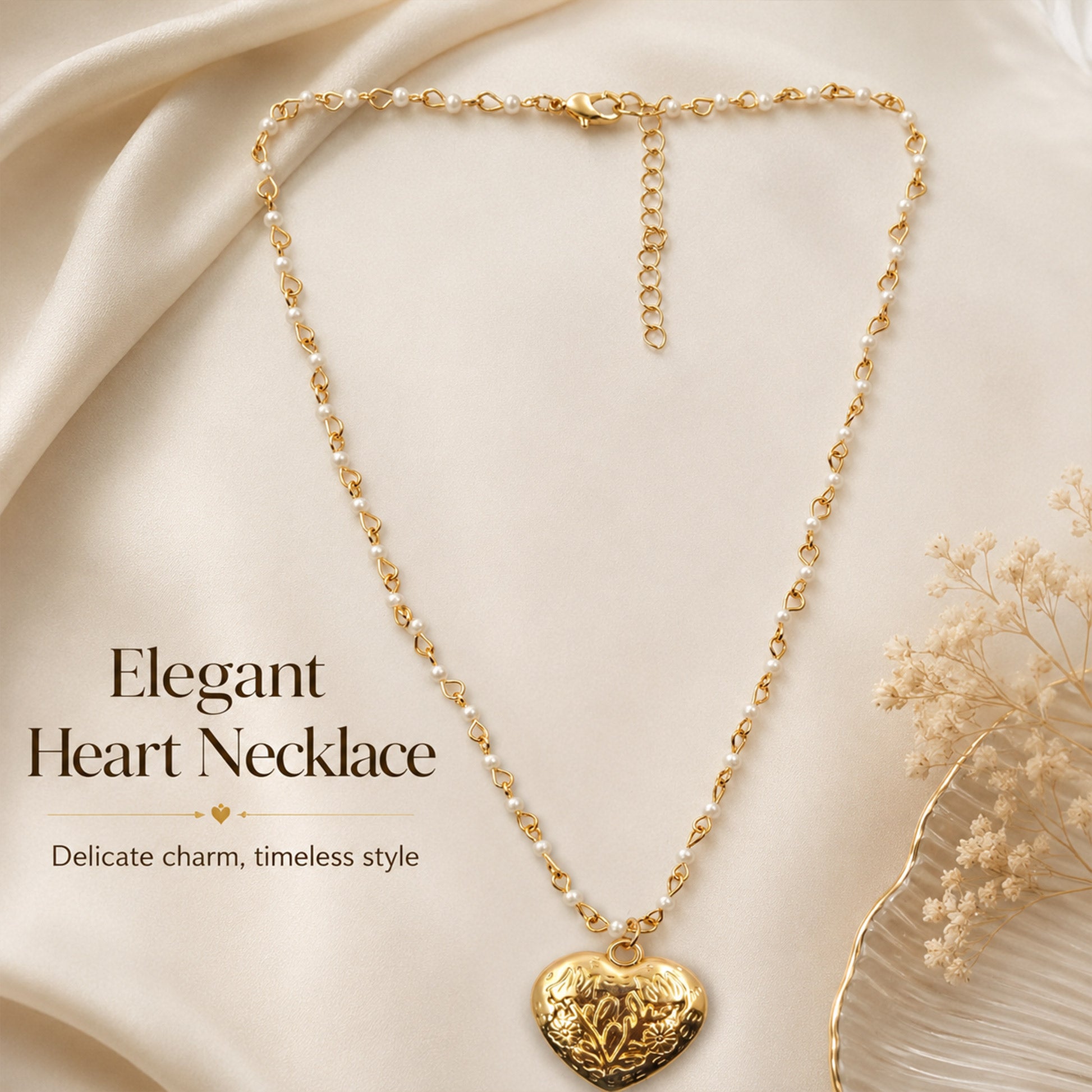 Gold pearl heart necklace styled as romantic fashion jewellery