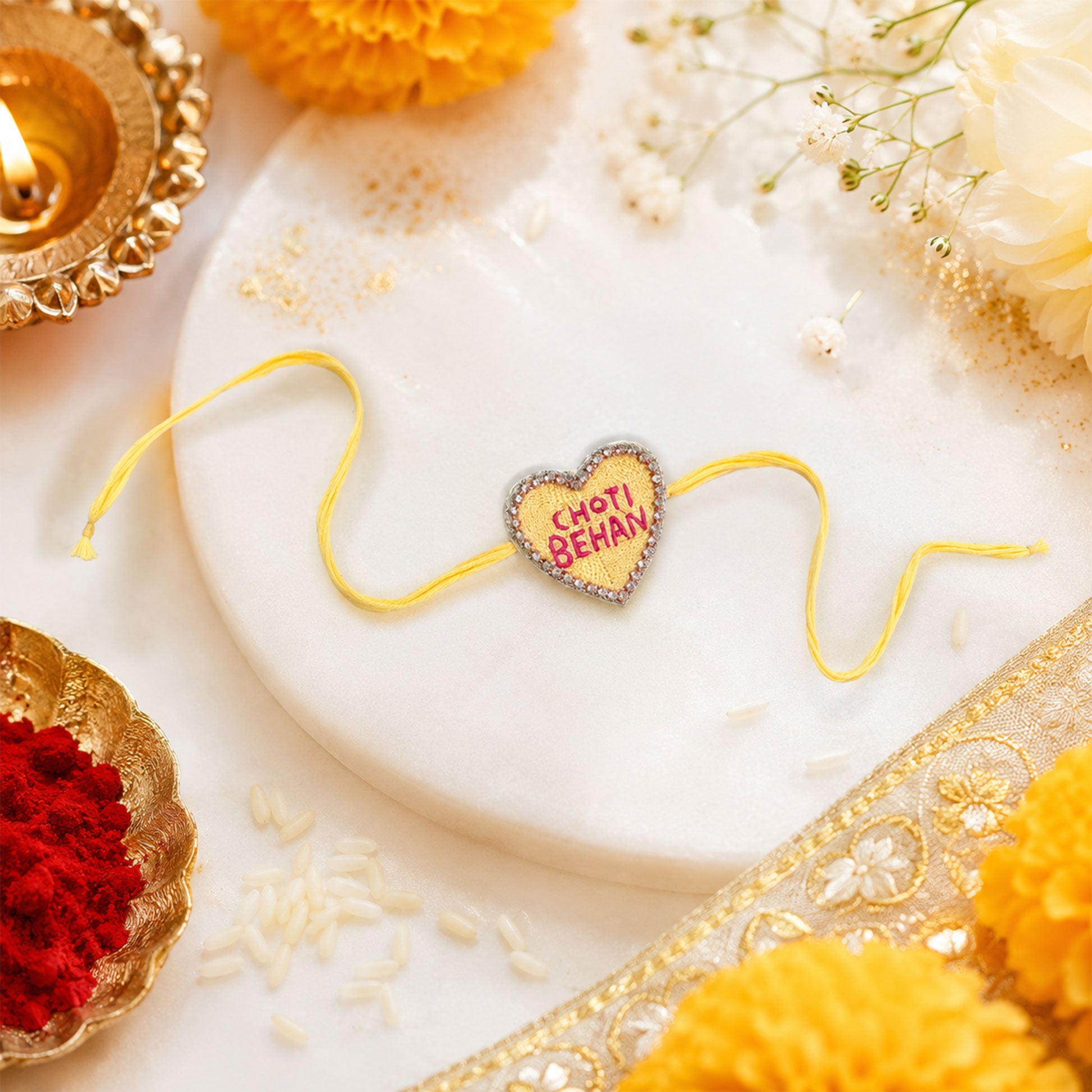 Cute heart rakhi for younger sister Raksha Bandhan celebration