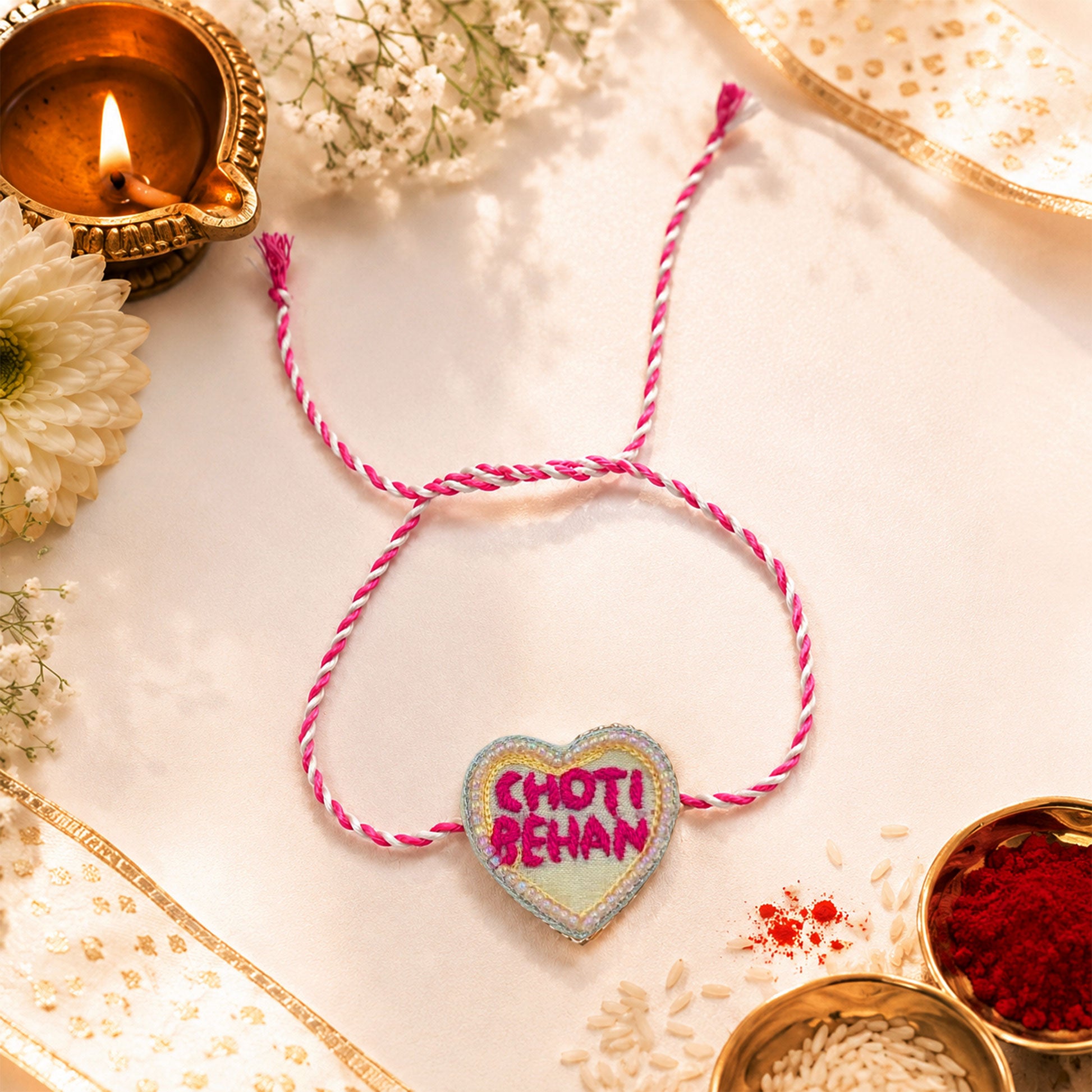 Heart-shaped sister rakhi with pearl border detailing