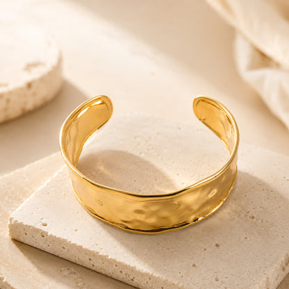 Gold plated wide open cuff bracelet with smooth finish