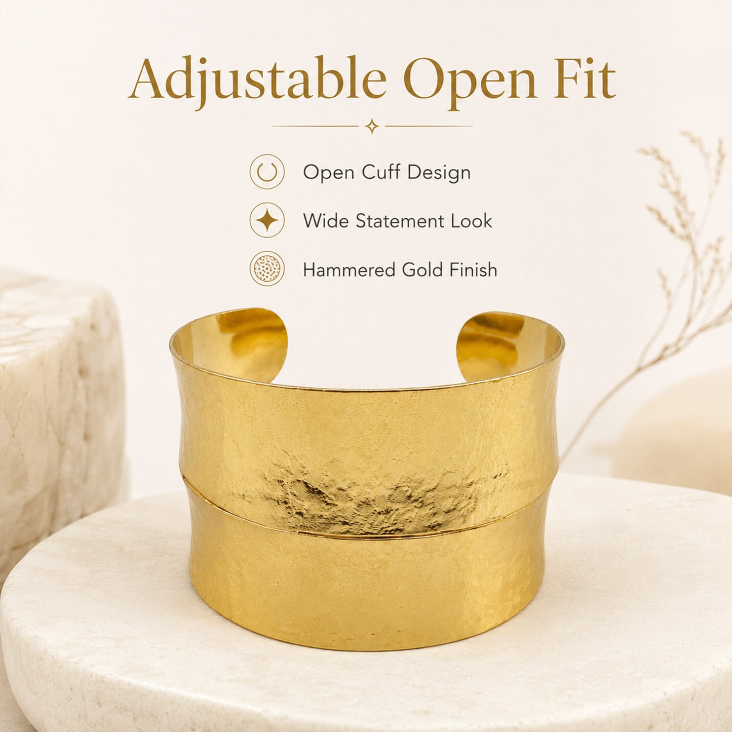 Gold Wide Hammered Open Cuff Bracelet