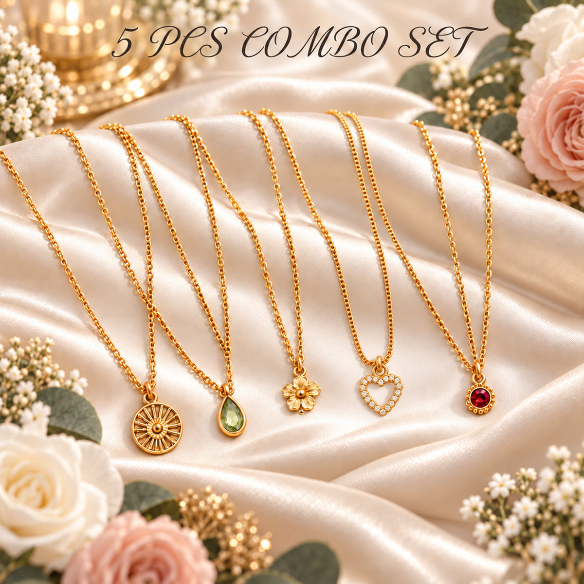 Masfaa Women's 5 Piece Assorted Pendant Necklace Set with Delicate Chains