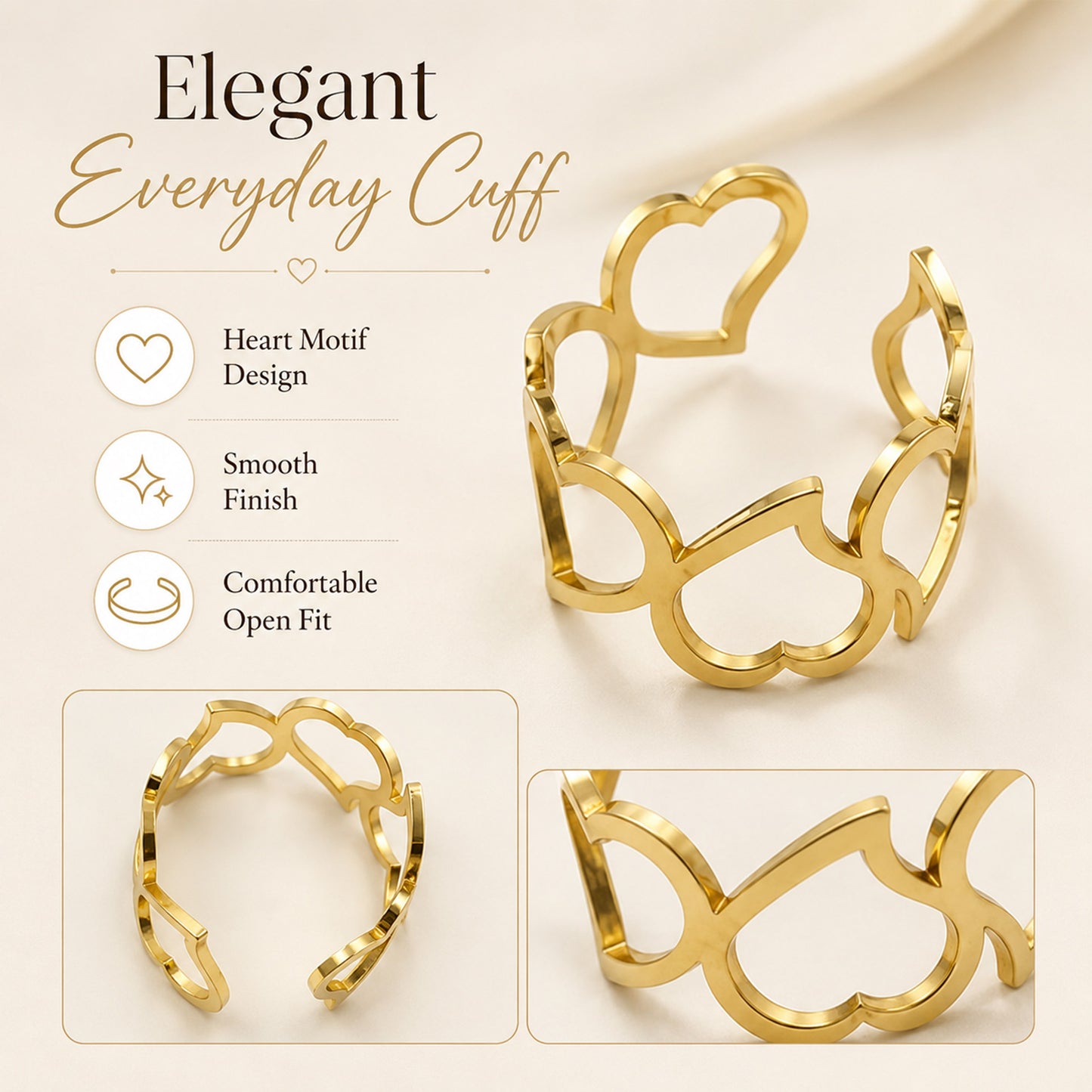 Interlinked Heart Cutwork Hinged Cuff Bracelet