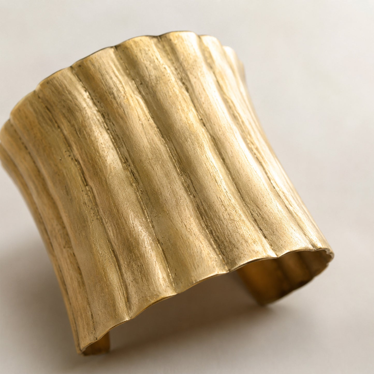 Brass Ribbed Texture Wide Open Cuff Bracelet