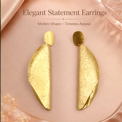 Brass Sculpted Folded Leaf Long Drop Earrings