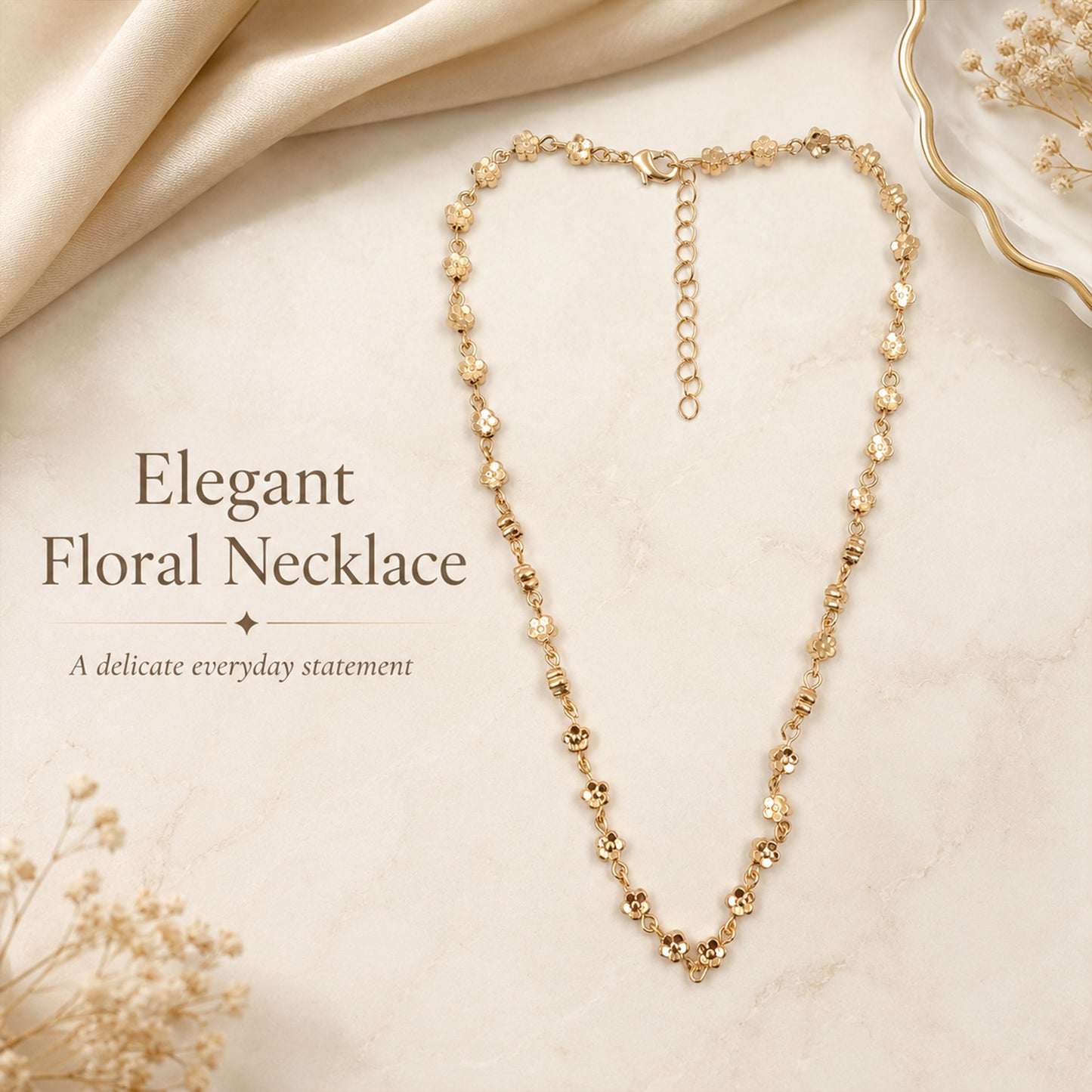 Rose gold plated floral chain necklace with polished bead accents