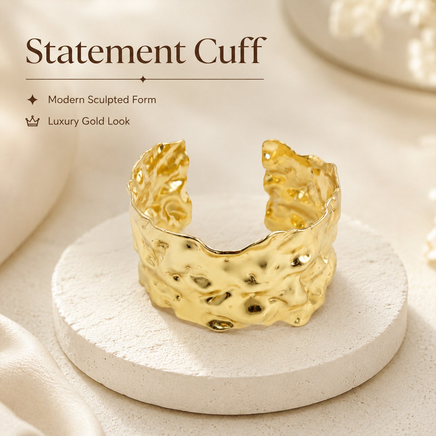 Gold Crushed Texture Open Cuff Bracelet