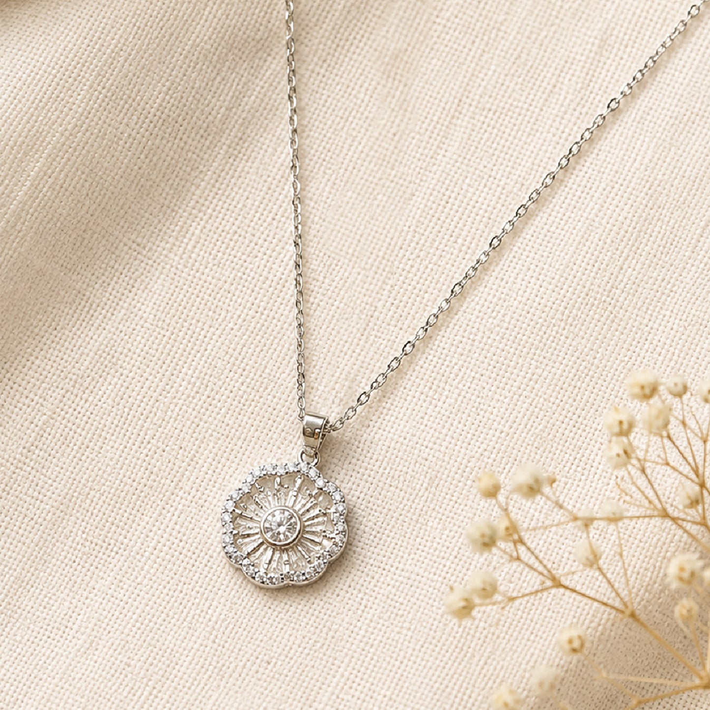 Silver Sunburst Crystal Pendant Necklace