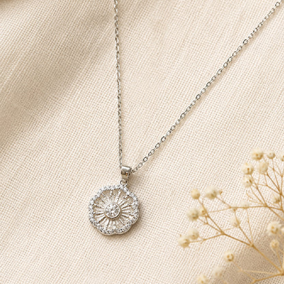Silver Sunburst Crystal Pendant Necklace