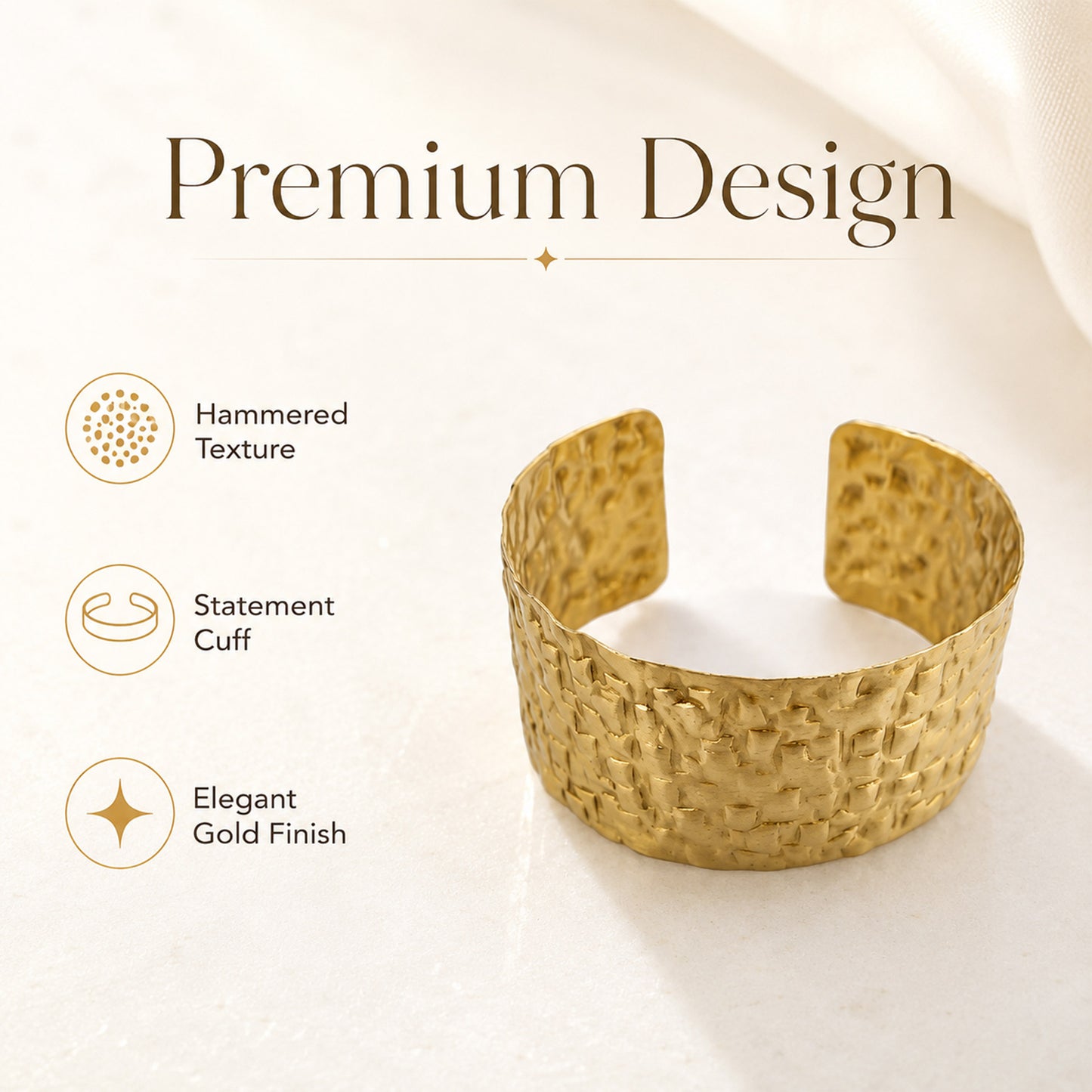 Brass Hammered Floral Texture Wide Open Cuff Bracelet