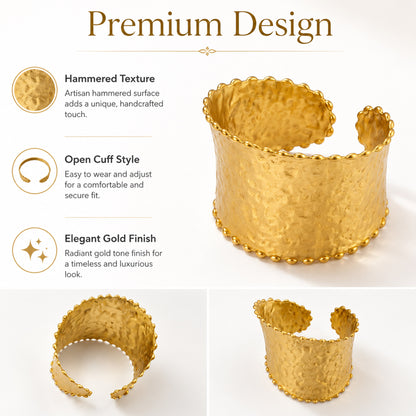 Brass Hammered Beaded Border Wide Open Cuff Bracelet