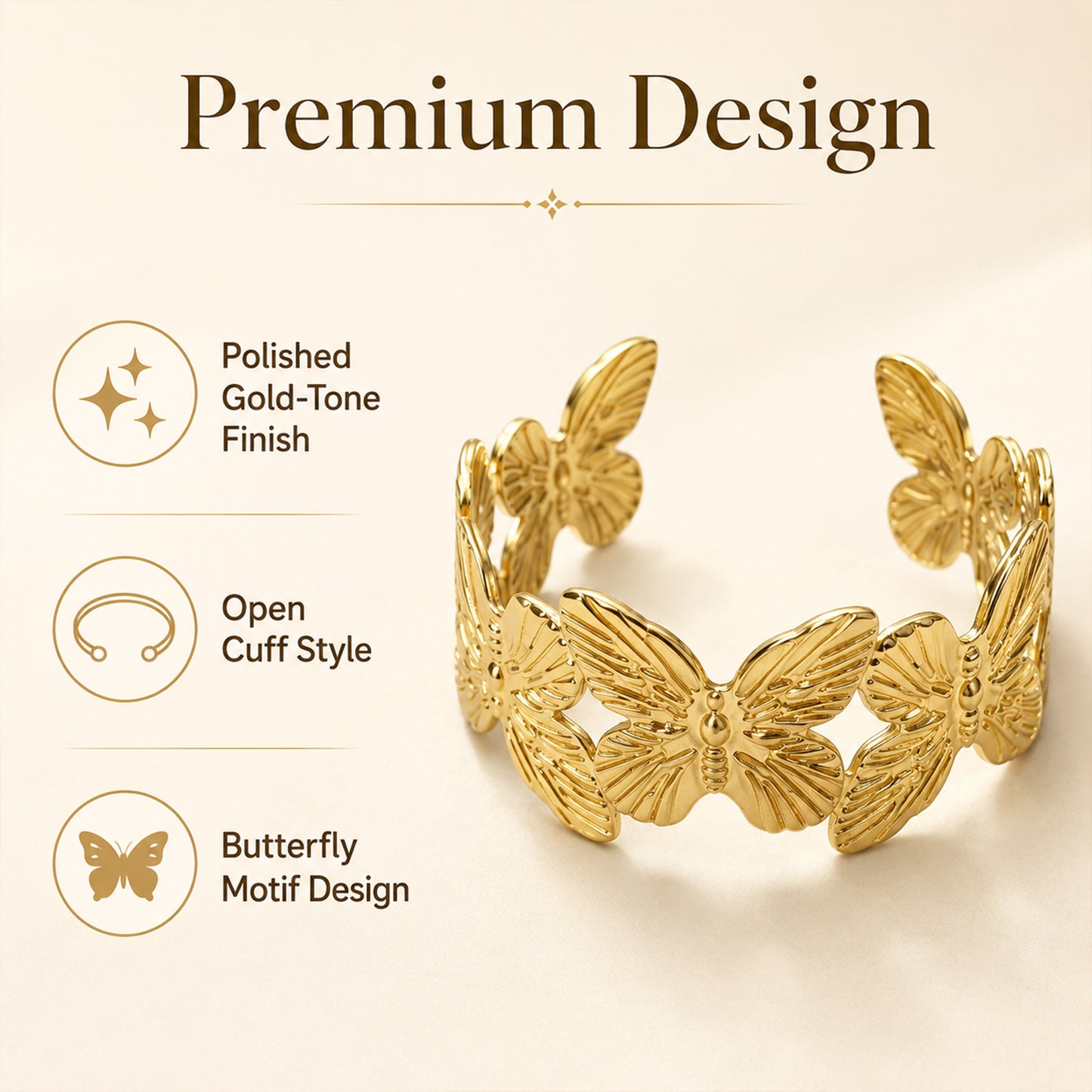 Brass Textured Butterfly Open Cuff Statement Bracelet