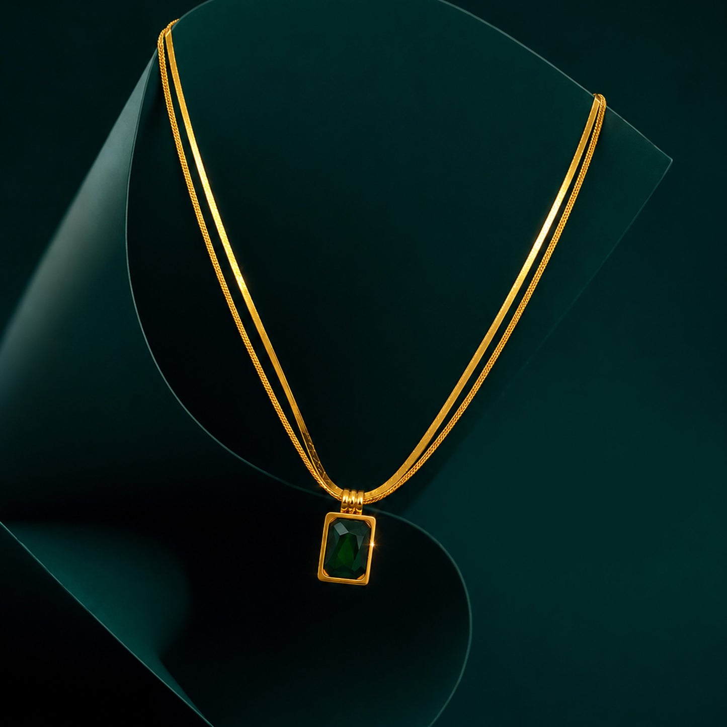 Gold Green Stone Rectangle Pendant Necklace