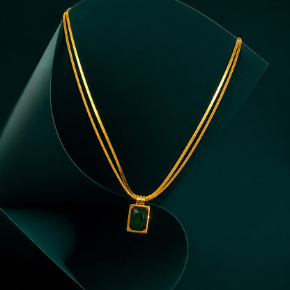 Gold Green Stone Rectangle Pendant Necklace
