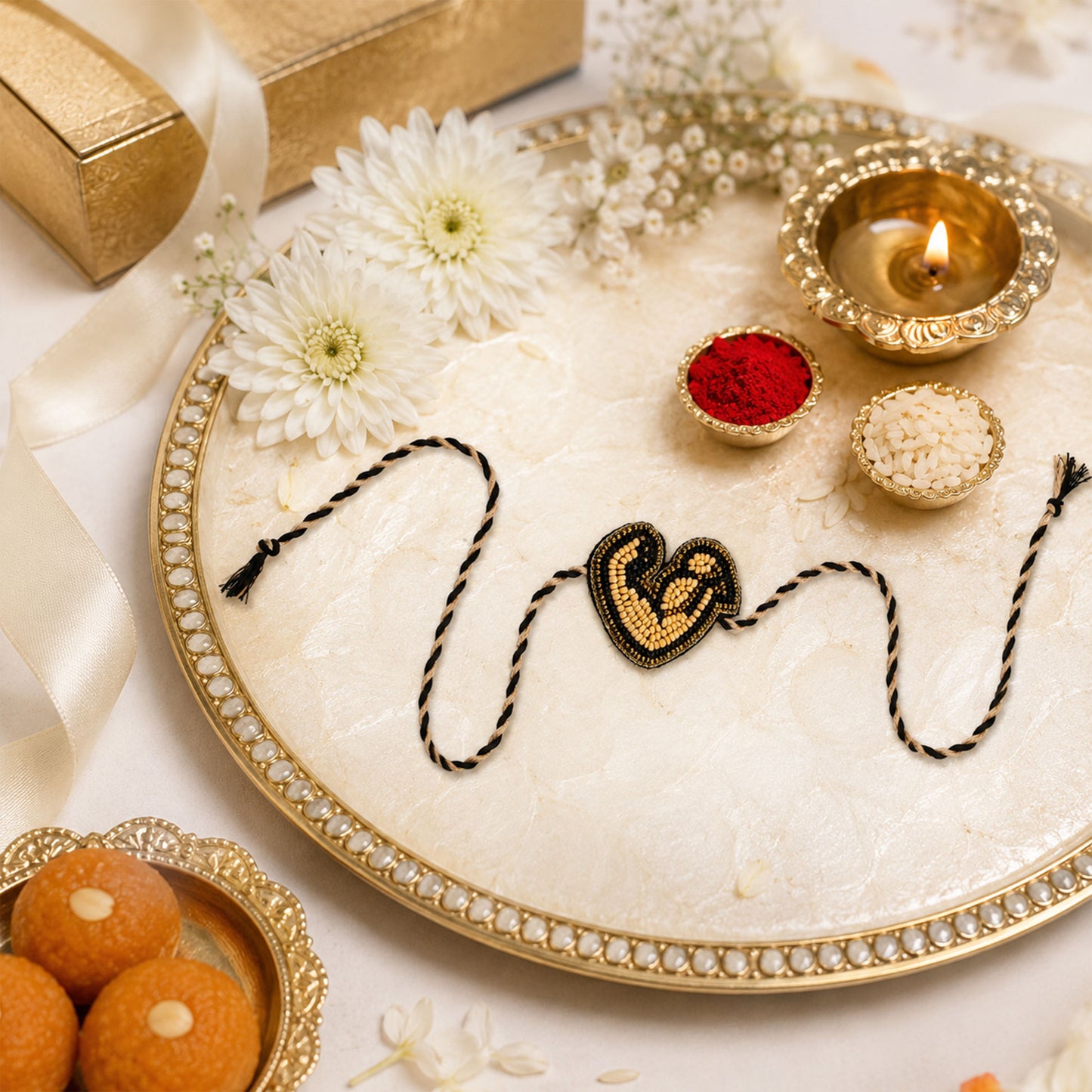 Detailed view of handcrafted black and golden beaded rakhi
