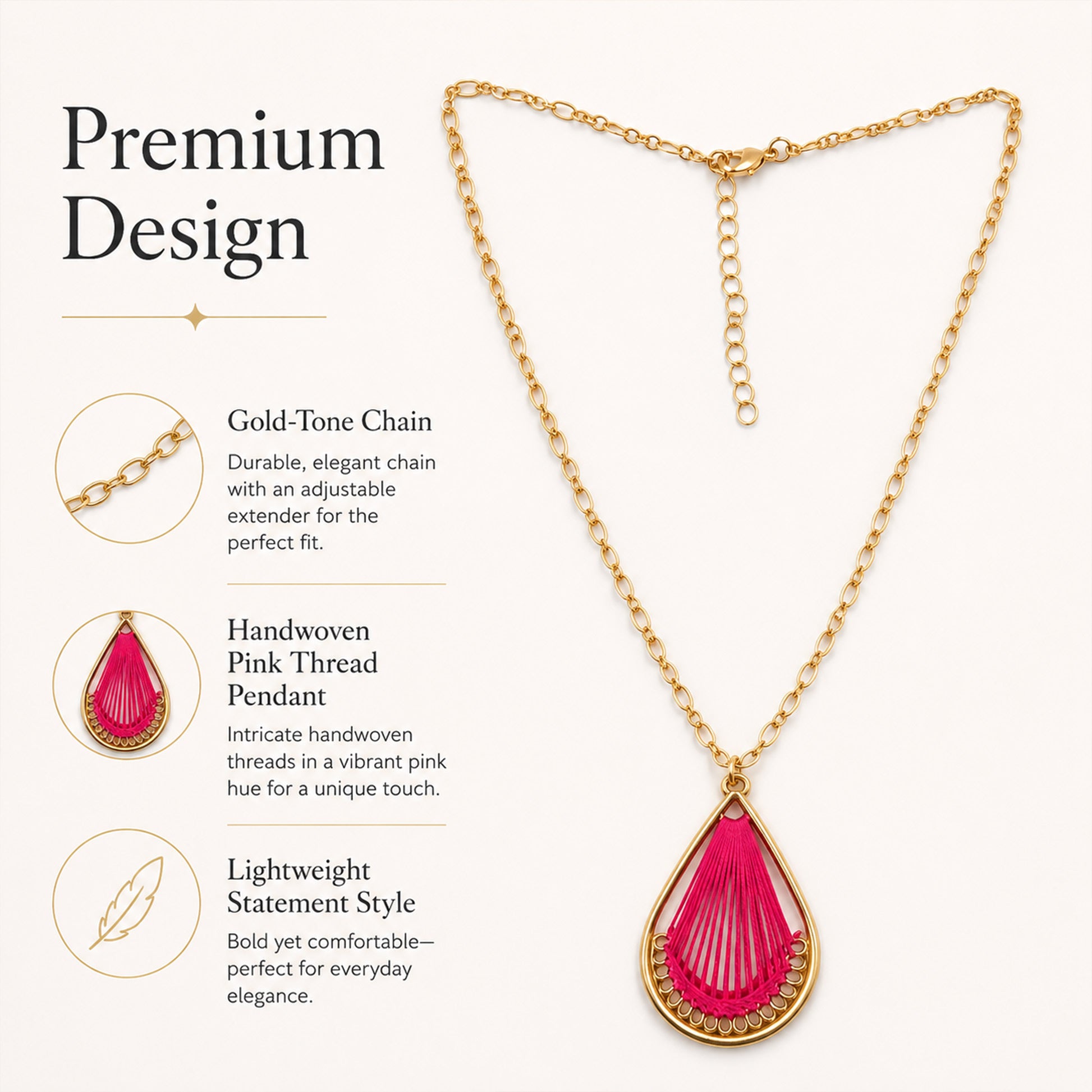 Gold plated necklace with handcrafted pink thread detailing