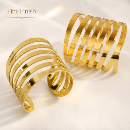 Layered Wave Multi Band Wide Open Cuff Bracelet