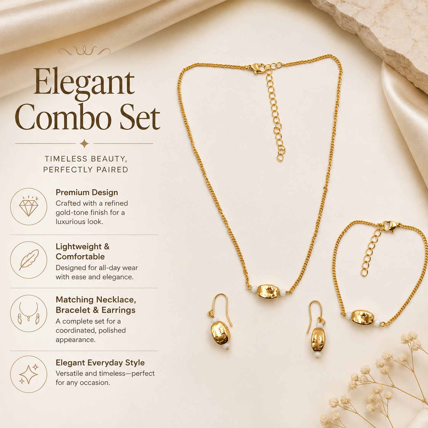 Close-up view of textured oval gold beads in coordinated jewellery set